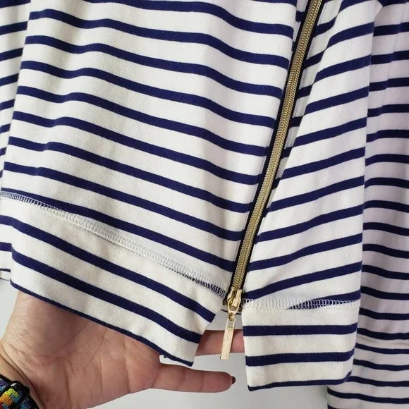Stella & Dot Crush It Stripe Sweatshirt Top Zip Hem L Navy‎ Blue Off White - Picture 5 of 9